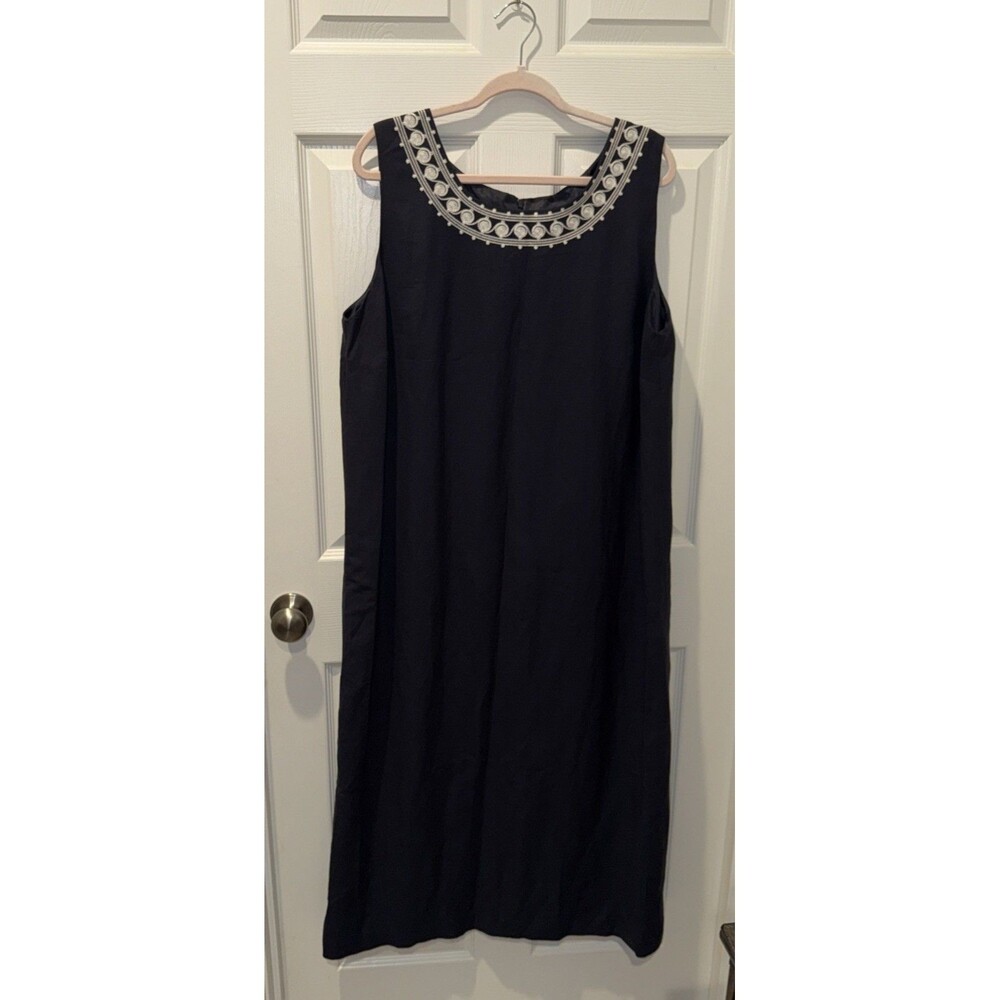 Coldwater Creek Sz 20 W Long Blue Linen Embroidered Maxi Dress Back Hem Slit